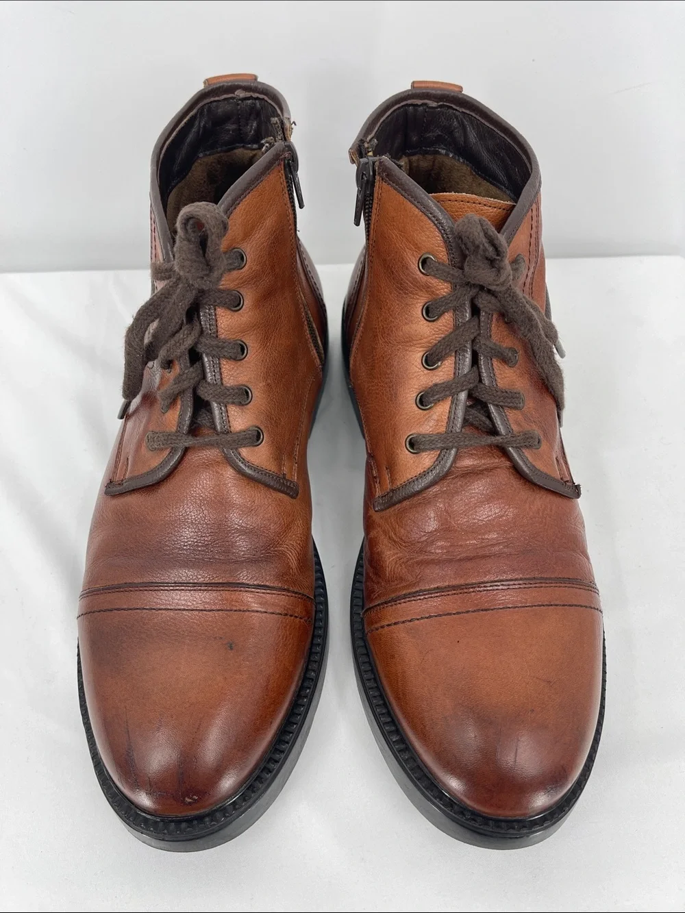 POP’S LEATHER Men's Leather Lace-Up Ankle Boots in Brown SIZE 44 SIDE ZIP